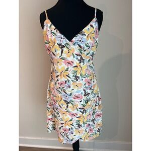 Lulus Floral Wrap Mini Dress Adjustable Spaghetti Strap Yellow Pink Blue Size M